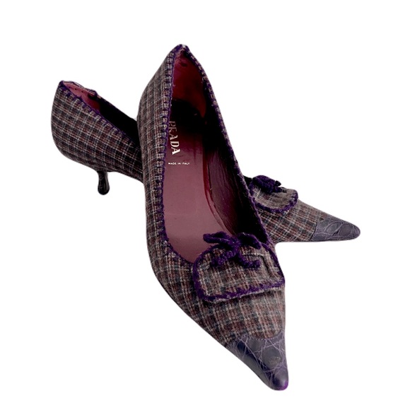 Prada Brown Tweed Purple Croc Embossed Kitten Heels, Size 41 - Picture 1 of 9